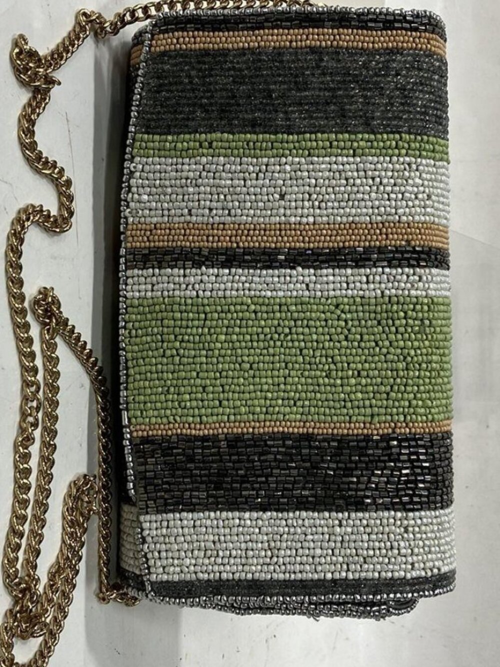 Anthropologie Women's Purse Green Black White Beaded Stripe Chain